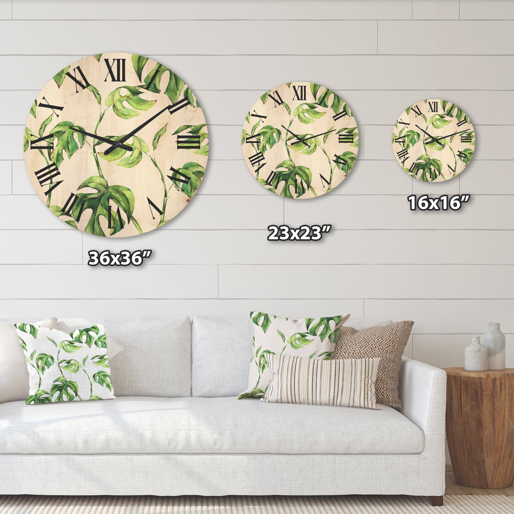 Designart 'Ancient Floral Tropical Leaves II' Tropical Wood Wall Clock