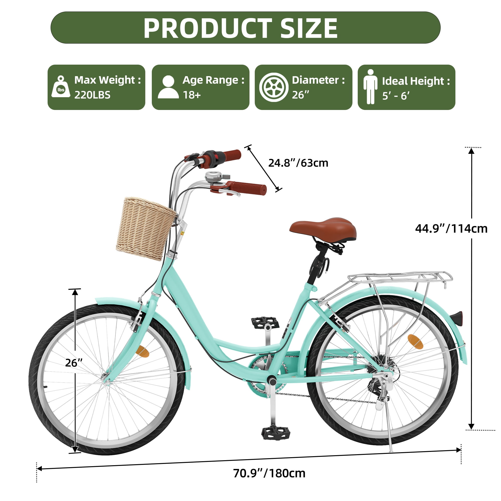 Uforic 26" Beach Cruiser Bike for Women, 7-Speed Adjustable Seat Bike Bicycle for Adult City Commuter, Blue
