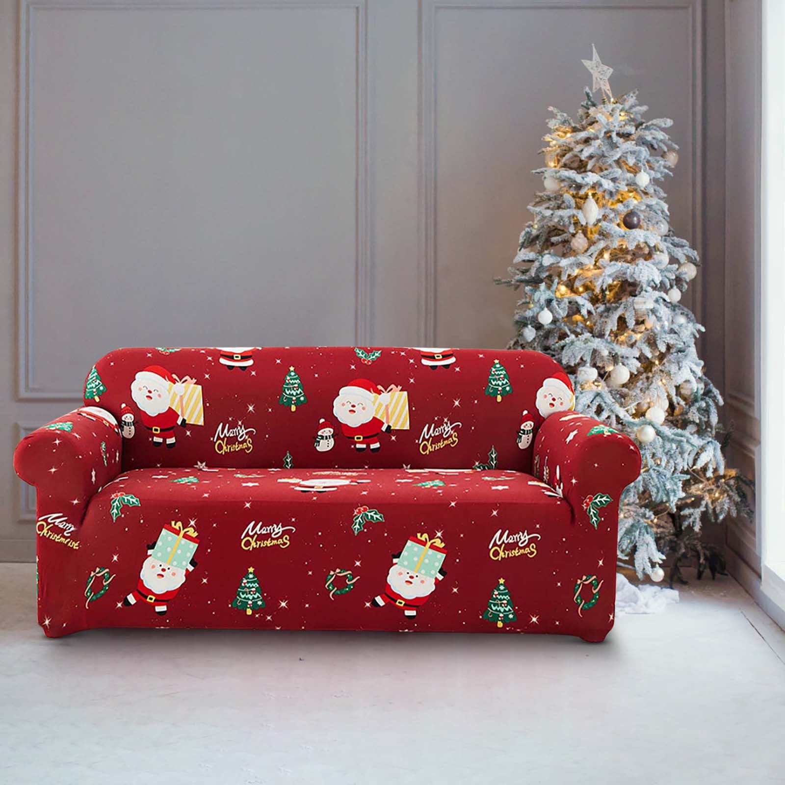 Loyerfyivos Christmas Sofa Cover Santa Claus Printed Sofa Couch Cover Washable Furniture Protector with Elastic Bottom Xmas Home Room Festival Decoration (3 Seater)