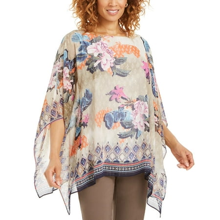 JM Collection Womens Blouse Medium Lurex Poncho Floral Beige M