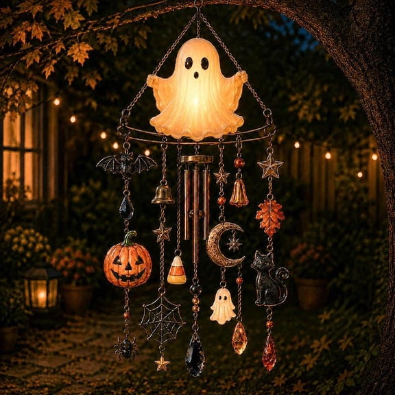 Halloween Crystal Wind Chime, Stained Glass Style Ghost and Witch Hanging Suncatcher, Acrylic Window Decoration for Fall Porch, Garden, and Outdoor Display