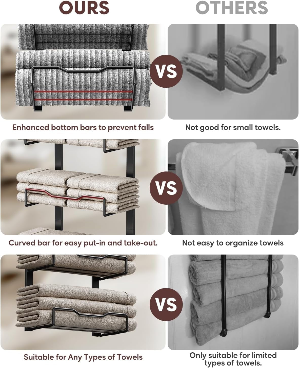 Hanging Towel Racks for Bathroom No Drill - 6-Tier Over The Door Bath Towel Storage Organizer for Small Bathrooms - Tiered Back of Door Towel Holder Hanger for Rolled Towels