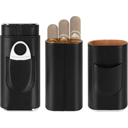 Vegan Leather Travel Cigar Case  Cedar Wood Lining Cigar Humidor Box Cigar Accessories with Stainless Steel for Cigar Lovers (Black)