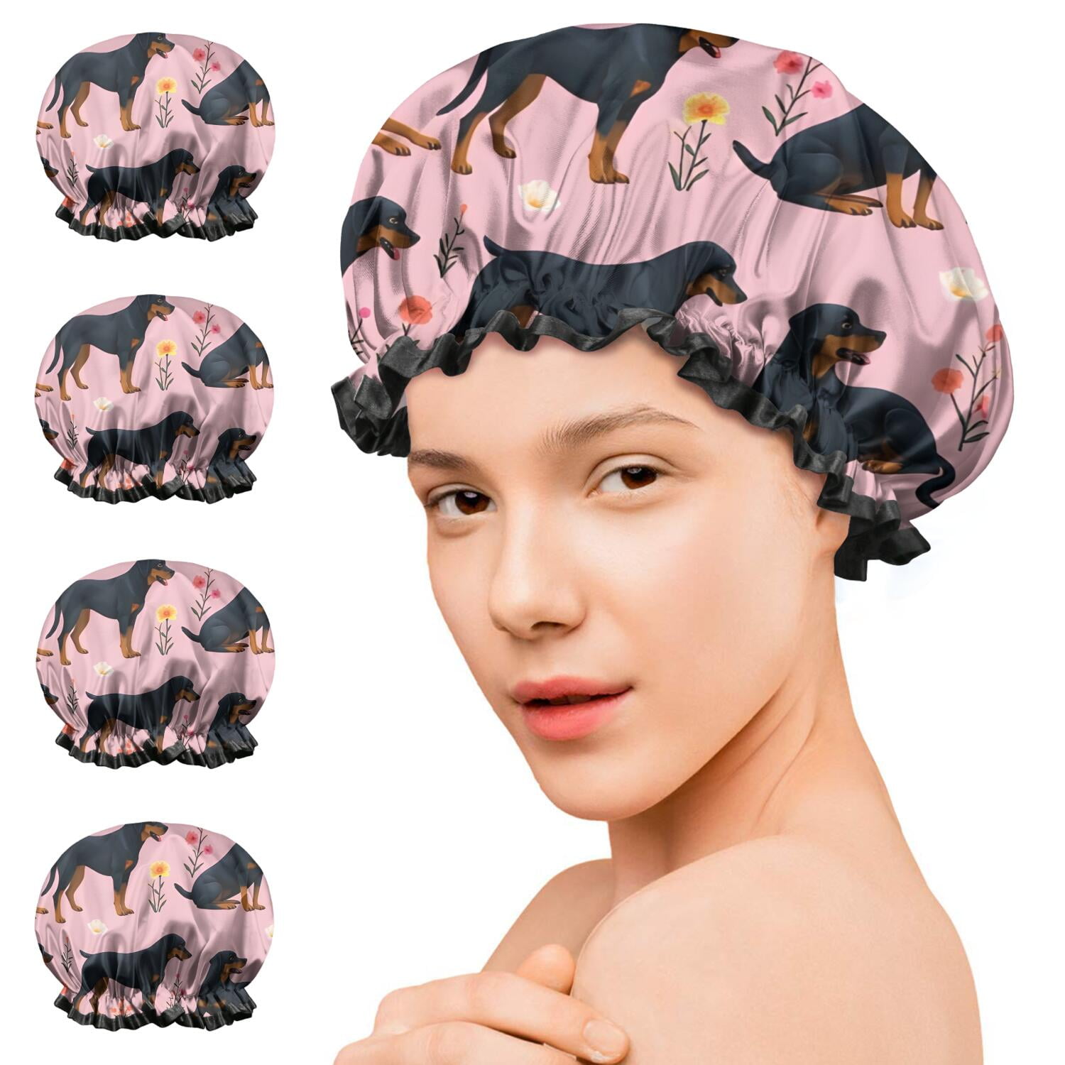 Shower Caps,Rottweiler Dogs with Pioneer Flower Waterproof Shower Cap for Women 4 Pieces,Double Reusable Hair Cover for Shower PEVA Elastic Stretch Hem
