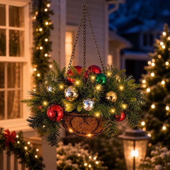 Pre Lit Artificial Christmas Hanging Basket,20 Inch Winter Christmas Hanging Baskets for Outdoors with Warm LED, Pine Cones and Red Berries,for Outdoors Garden, Patio, Lawn Holiday DΓ©cor Style C