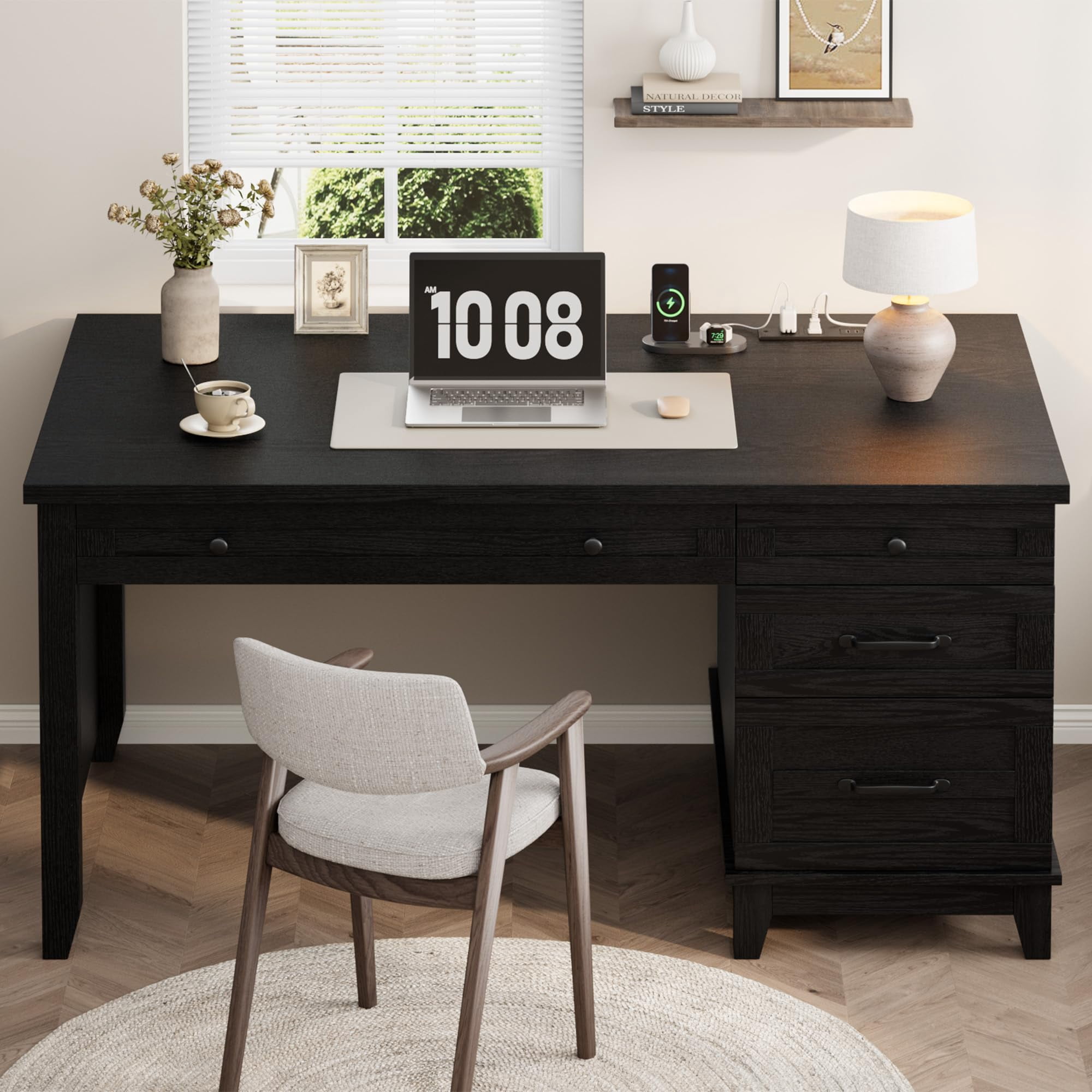 Farmhouse Wood Home Office Desk with Drawers – 53.5" Executive Writing Table – Built-in Power Outlets, Adjustable File Cabinet – Distressed Finish-Not Include chair
