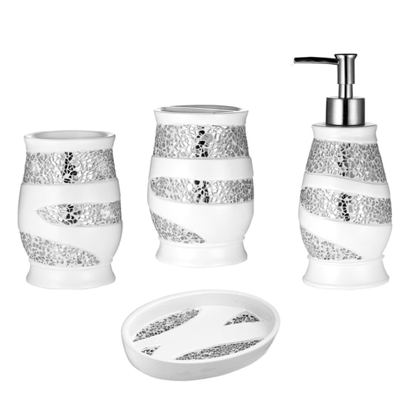 Regal Glass 4 piece Bathroom Accessories Set, Regal glass style complete set Tumbler, Soap Dish, Tooth Brush holder and Lotion Pump, White