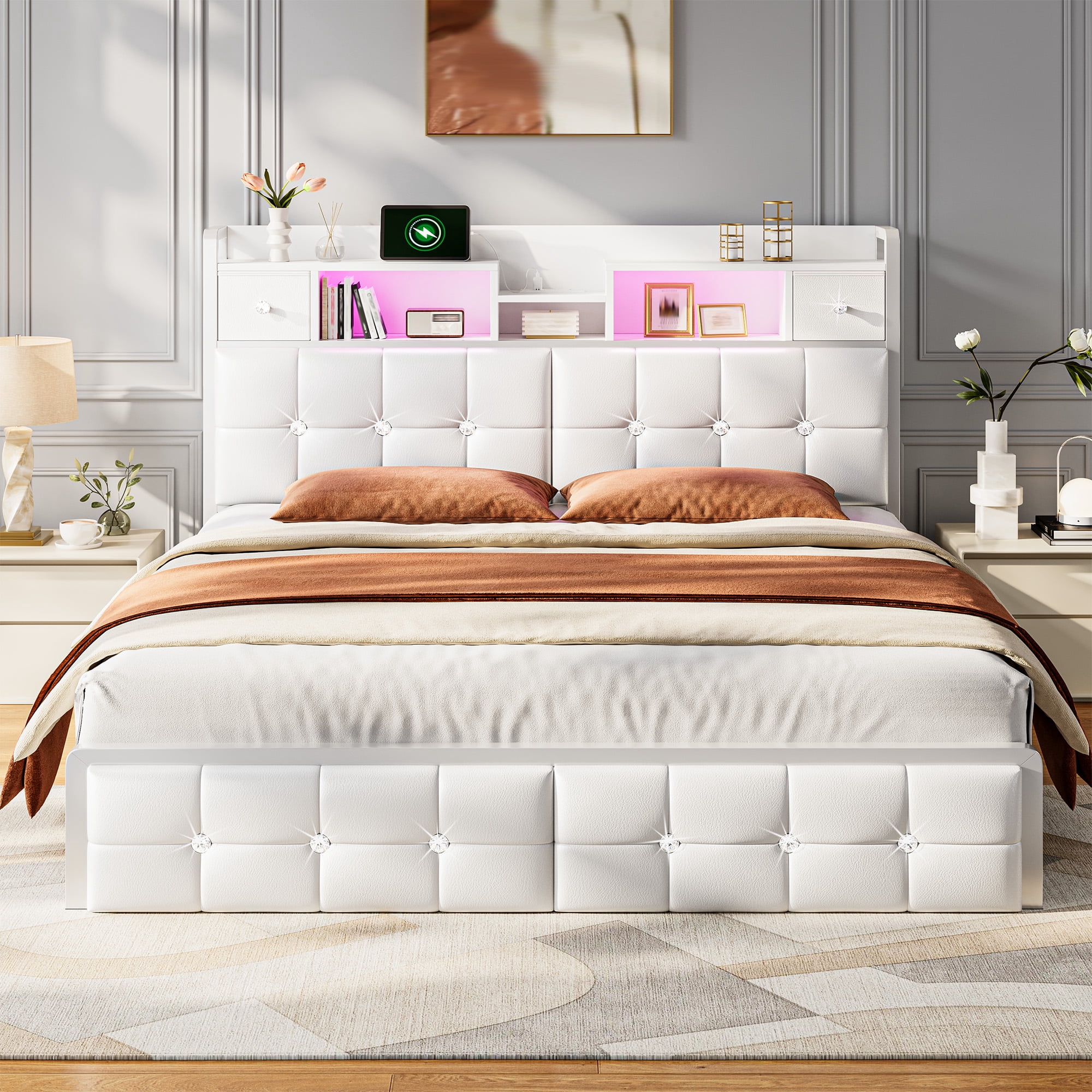 EnHomee Full Size Bed Frame with Headboard Bed Frame with Hidden Storage Compartment Upholstered Bed Frame with 2 Drawers & Outlets,White