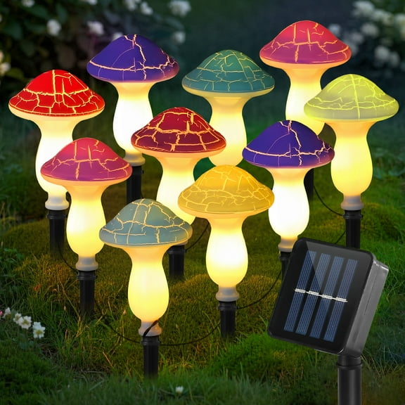 Rirool Solar Mushroom Lights (10 Pack) - Cracked Design LED Garden Lights, 8 Color Modes, IP65 Waterproof, Solar Pathway Decor for Yard, Flowerbed