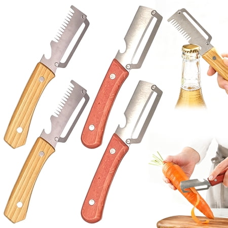 Kitchen Peeler Set Stainless Steel Multifunctional Julienne Cutter 4 Pack 2 Peelers 2 Shredders with Wooden Handle For Vegetable Fruit Prep Beer Bottle Opener Home Kitchen Gadget
