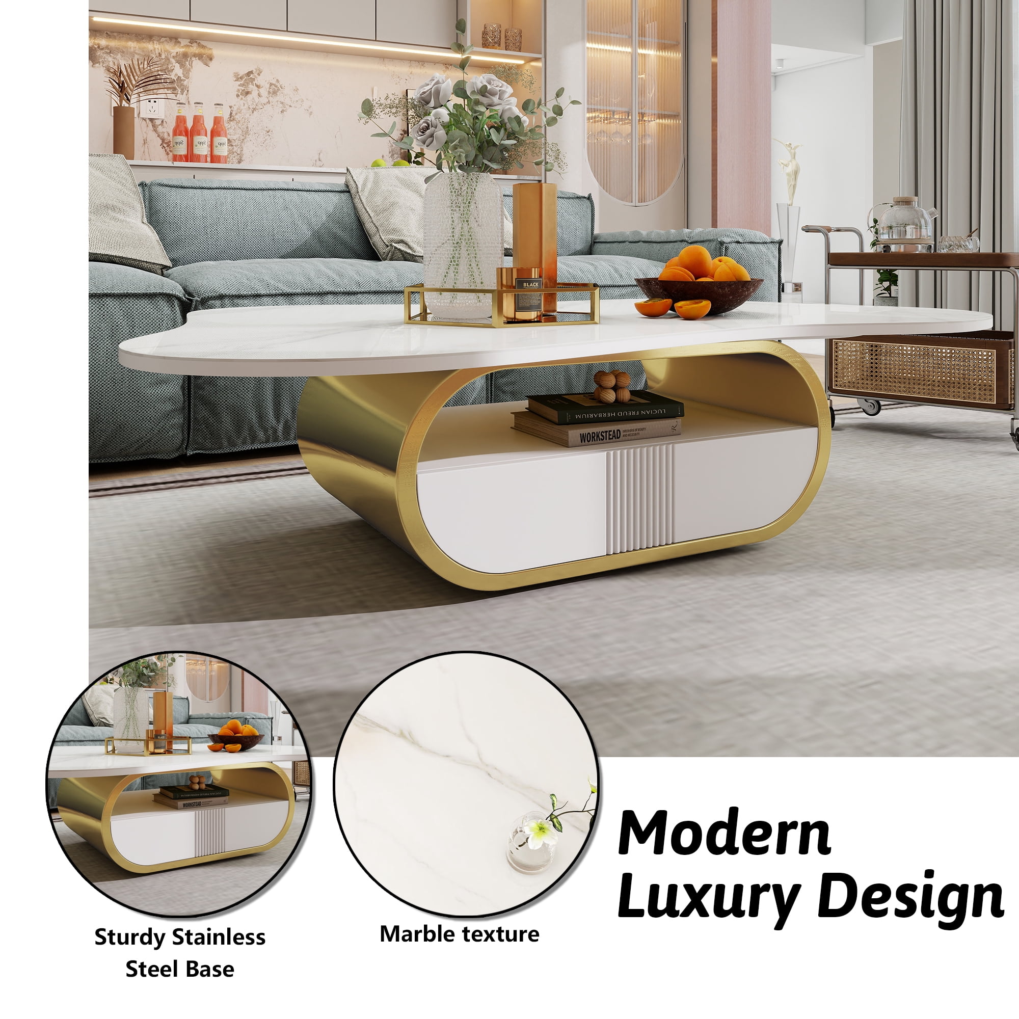 HIUU Cloud Coffee Table with Sintered Stone Top,White Marble Coffee Table with Storage Shelf & Drawer, Stainless Steel Base(Grey+White)