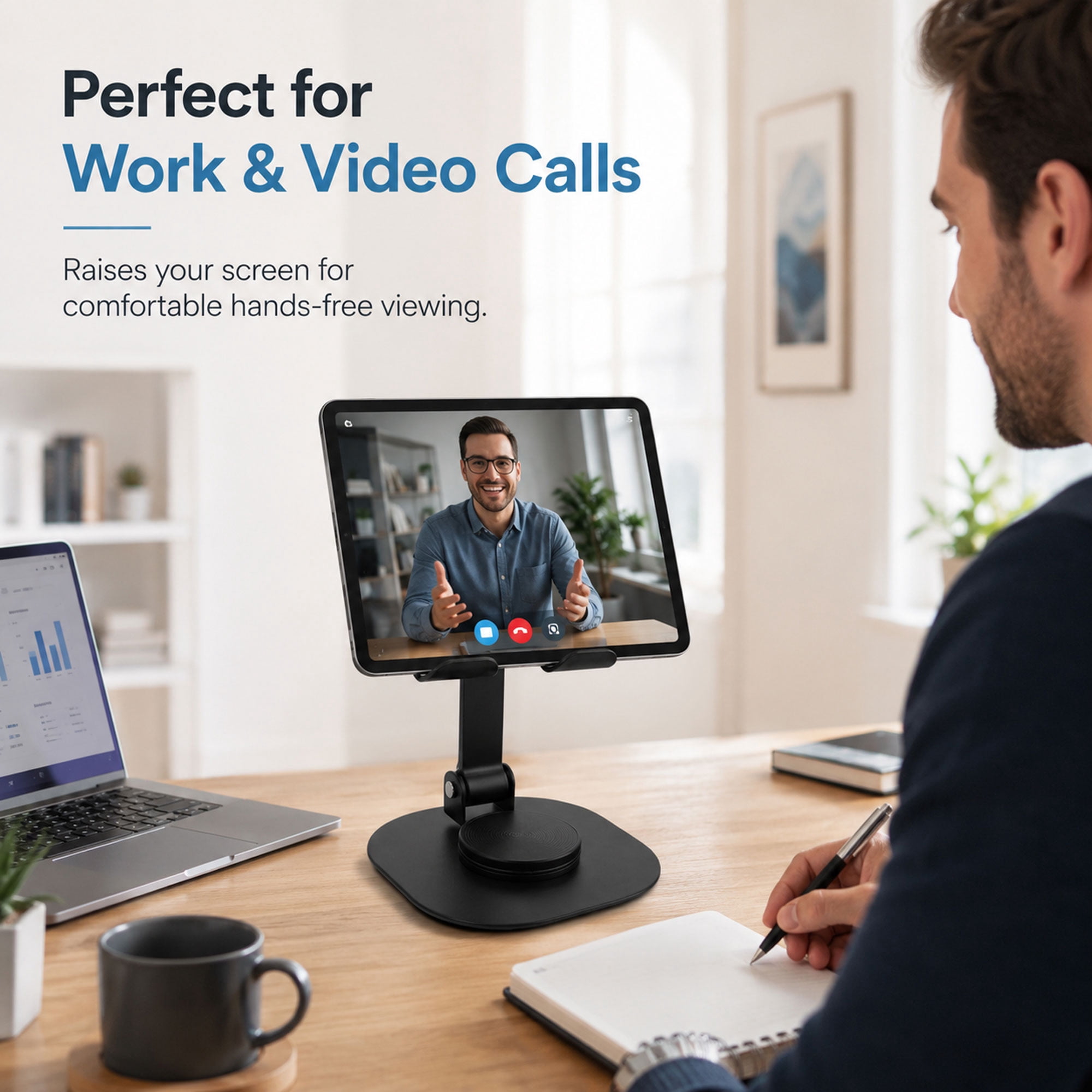 360° Rotating Phone & Tablet Stand, Foldable Metal Desk Holder with 180° Tilt, Portable Anti-Slip Stand for iPhone, Samsung, iPad, Tablets, Video Calls & Streaming, Black