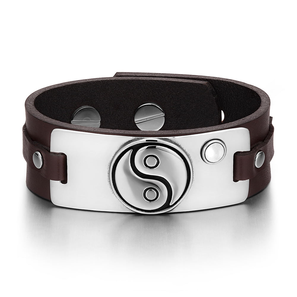 Yin Yang Balance Powers Magic Lucky Amulet Tag White Simulated Cats Eye Adjustable Brown Leather Bracelet