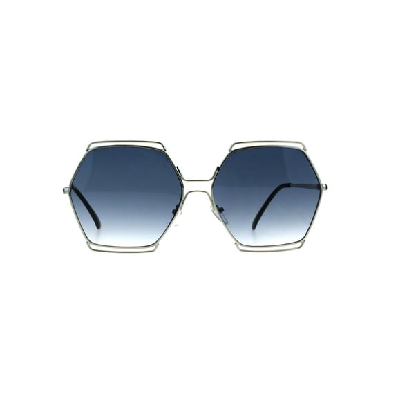 Octagonal Metal Rim Hippie Gradient Pimp Oversize Sunglasses Silver Blue