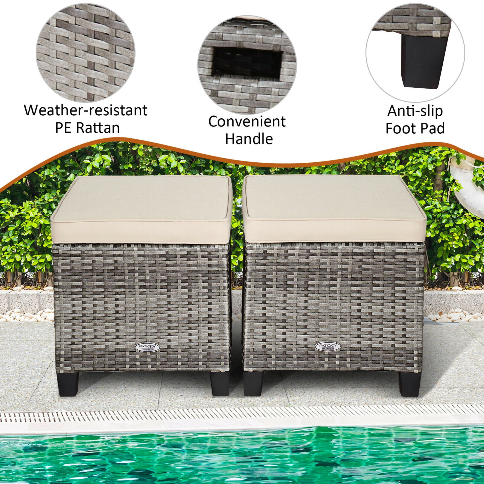 Gymax Set of 2 Rattan Patio Ottoman Footrest Wicker Footstool with Beige Cushions