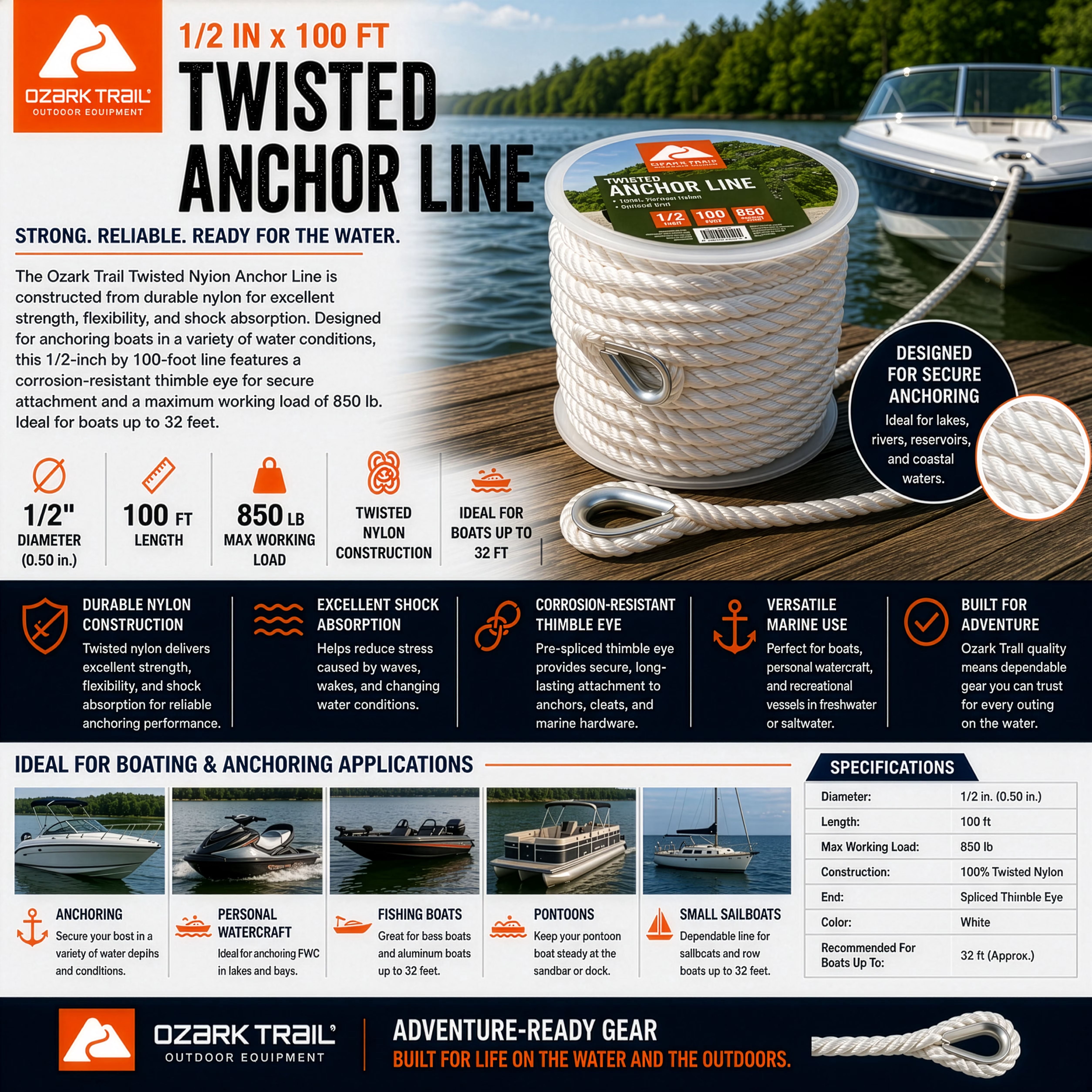 Ozark Trail 1/2 in x 100 ft Twisted Nylon Marine Anchor Line, White, 850 lb Working Load