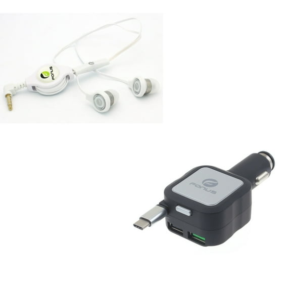 Retractable Car Charger w Headphones Retractable Earphones M7A for Acer Liquid Jade Primo - Alcatel PulseMix, 7, Idol 5S 5 4S - ASUS Zenfone V Live, ROG Phone, AR 6 5z 4 Pro