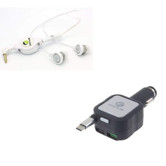 Retractable Car Charger w Headphones Retractable Earphones M7A for Acer Liquid Jade Primo - Alcatel PulseMix, 7, Idol 5S 5 4S - ASUS Zenfone V Live, ROG Phone, AR 6 5z 4 Pro