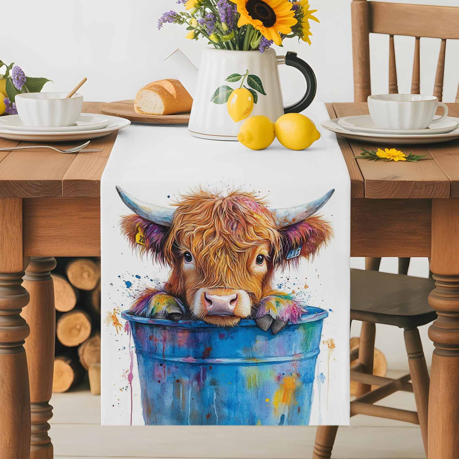 Farm Yak in Blue Bucket Table Runner 90 Inches Long, Abstract Farmhouse Animal Table Runners Tabletop Scarf Kitchen Dining Tables Decoration for Home Party Indoor Outdoor