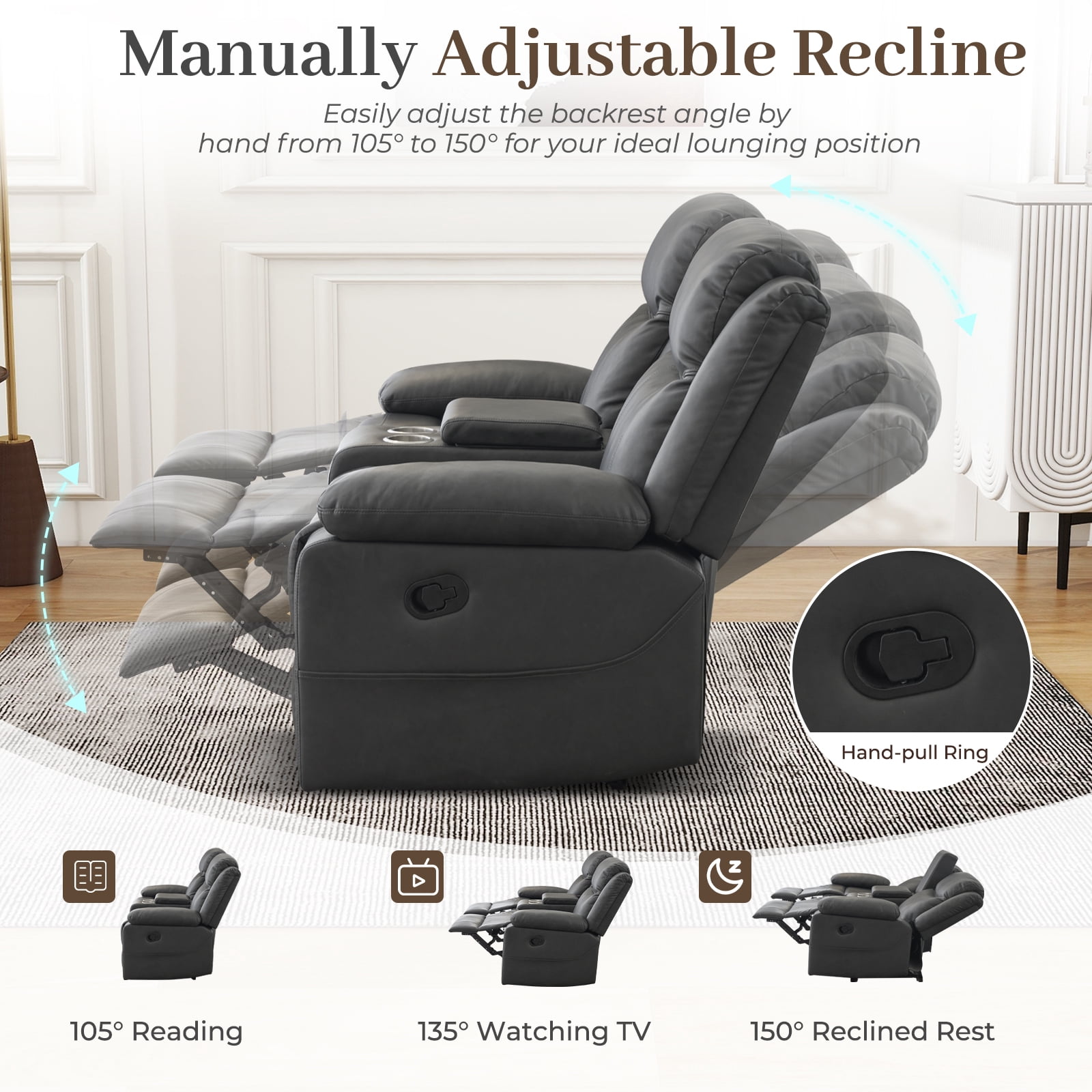 Loveseat Recliner Sofa, PU Leather Sofa Couch, Manual Recliner Loveseat with Console, Double Reclining RV Sofa with Cup Holders and Side Pocket for Living Room/Office/Apartment