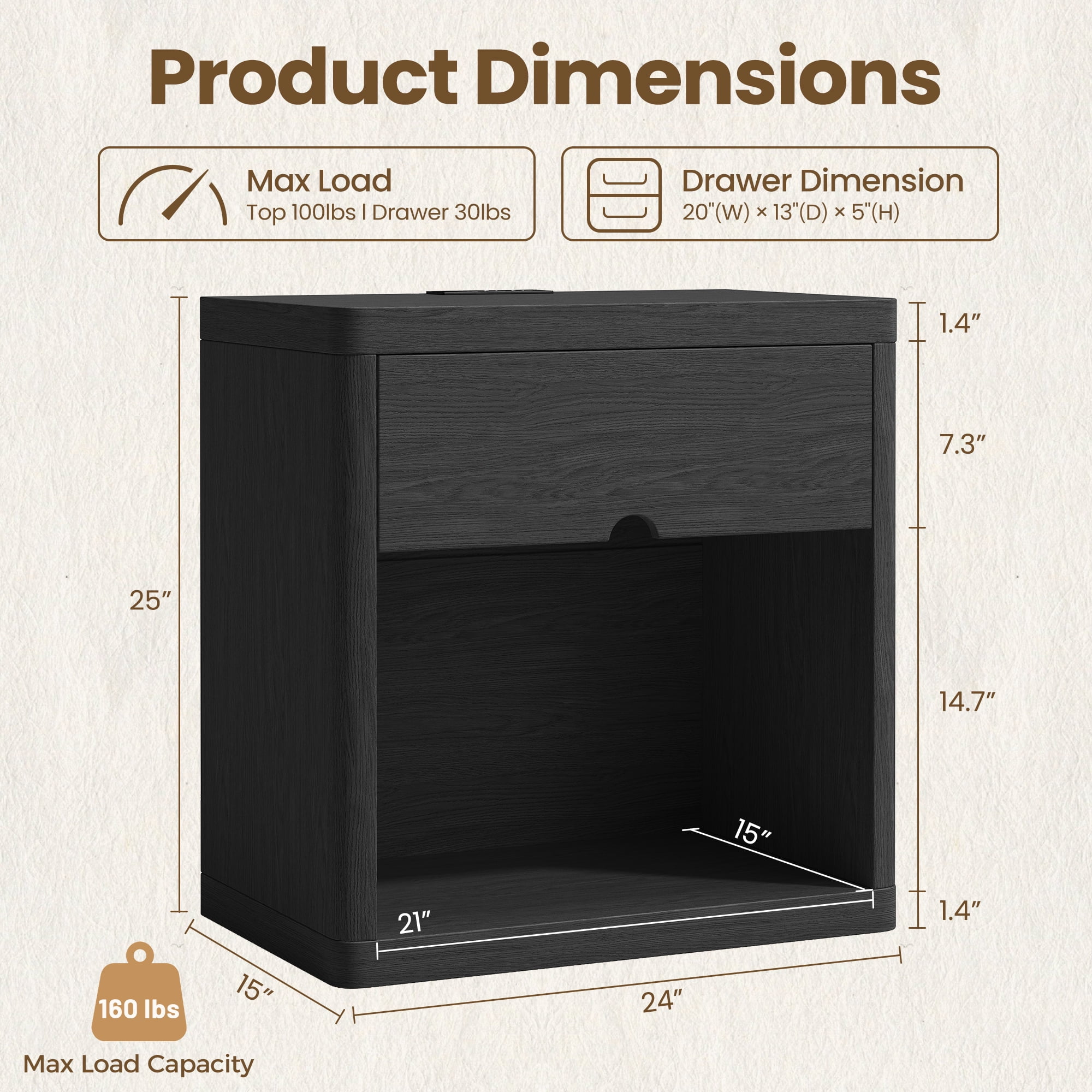 NEGYLIM 24" Wood Nightstand with USB Charging Station, Bedside Table with Safe Rounded Corners & Crescent Handles – Sturdy End Table for Bedroom, Living Room, Nursery (Black, 1-Piece)
