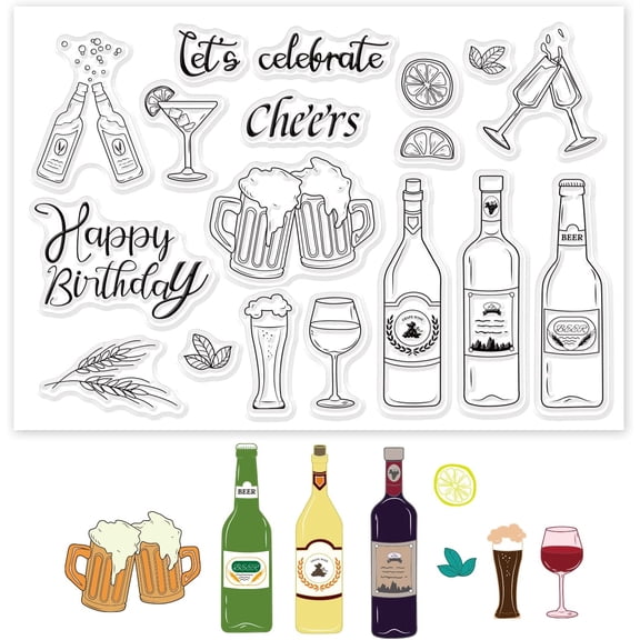 Birthday Party Themed Silicone Clear Stamps with Beer and Wine Bottle for Birthday Cards Making DIY Scrapbooking Photo Album Decoration Paper Craft6.3x4.3 Inches