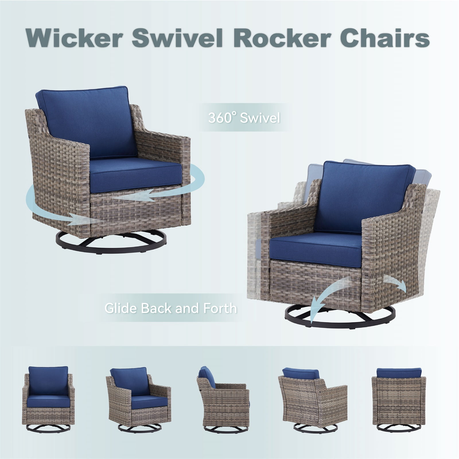 Hommoo 3-Piece Outdoor Patio Swivel Rocker Chairs, Patio Gray Wicker Furniture Swivel Chairs Set with Cushion, for Porch, Poolside, Deck, and Yard, Beige