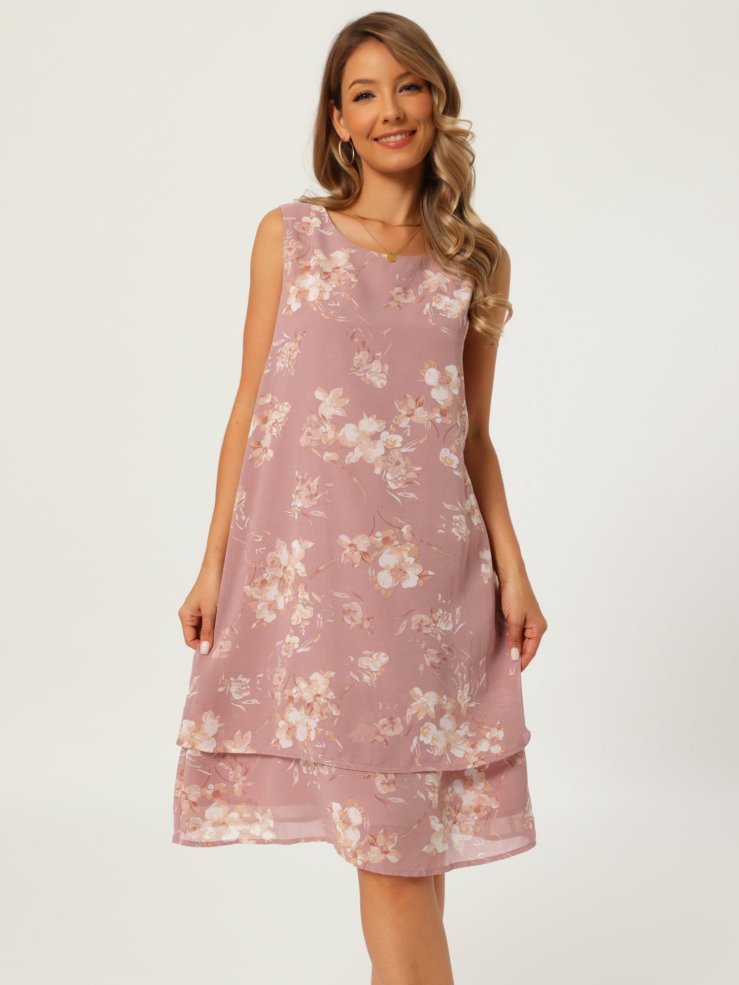 DARING DIVA Women's Chiffon Sleeveless Floral Tiered Flowy Sundress L Dusty Pink
