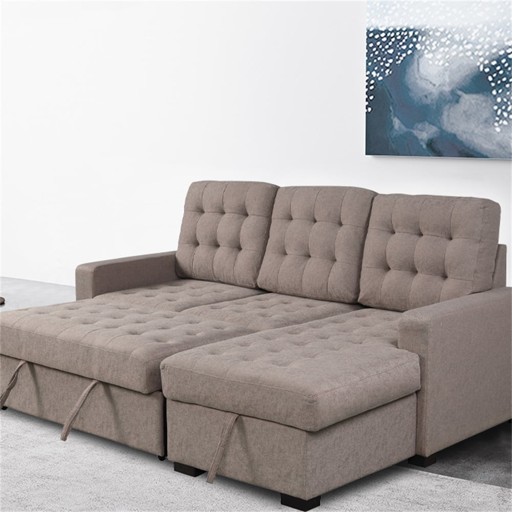 Clearance! Chaise Lounge Sofas Bed with Storage, Modern Upholstered Linen Fabric Futon Sofa w ...