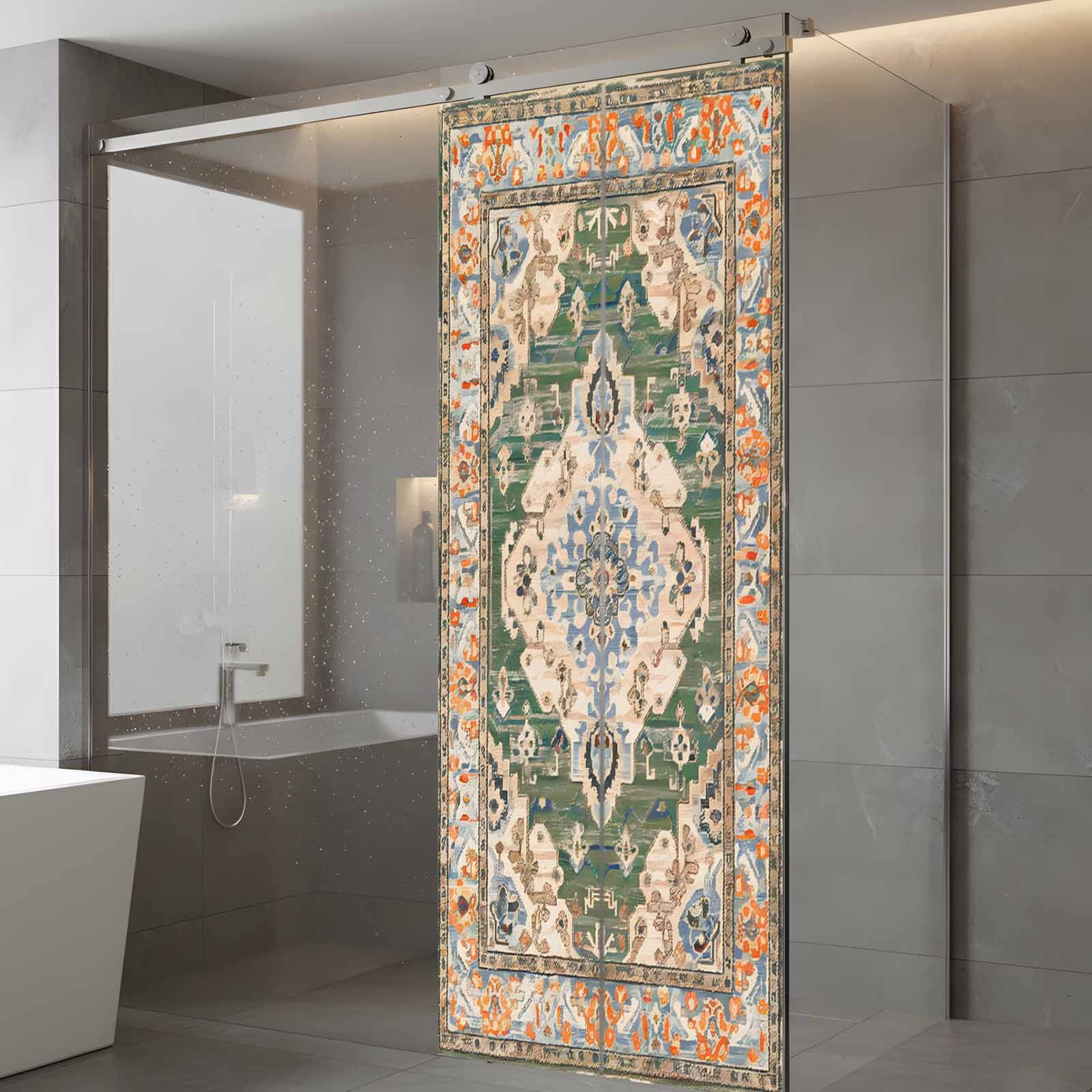 Static Cling Door Window Covering, Boho Window Privacy Film Frosted, Green Brown Ethnic Tribe Abstract Vintage Western UV Blocking Windows Film for Office, Hotel, Bedroom, 29.5 x 78.7 Inches