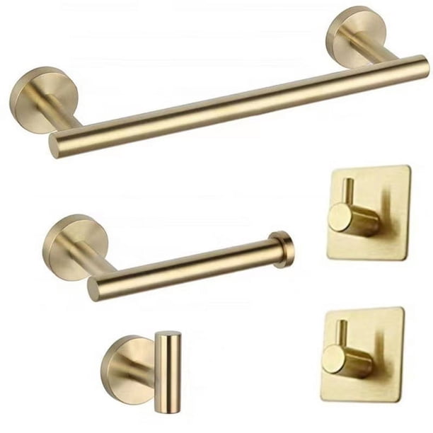 Juego de 5 accesorios de baño dorados para montar en la pared, gancho para bata, soporte para papel higiénico de pared, aro para toallas, toallero de 16", accesorios de baño, puerta
