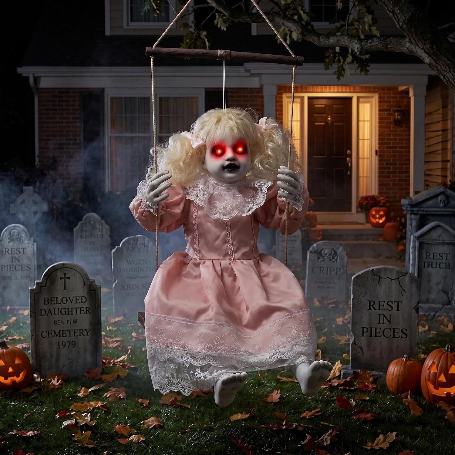 Halloween Animatronic Hanging Swinging Doll with Lighted Eyes and Creepy Sounds, Sound Activated Haunted House Prop for Indoor and Outdoor Decor