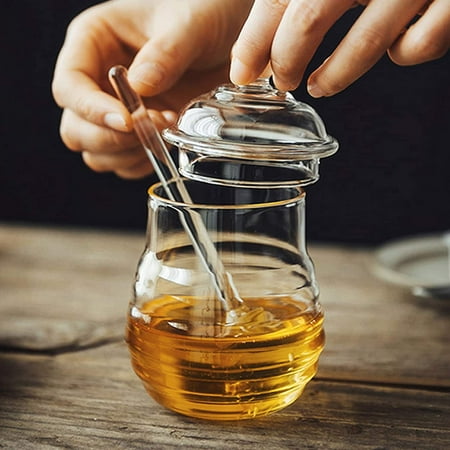 

Honey Jar Glass Honeypot with Dipper and Lid for Home Kitchen 9 Ounce Clear