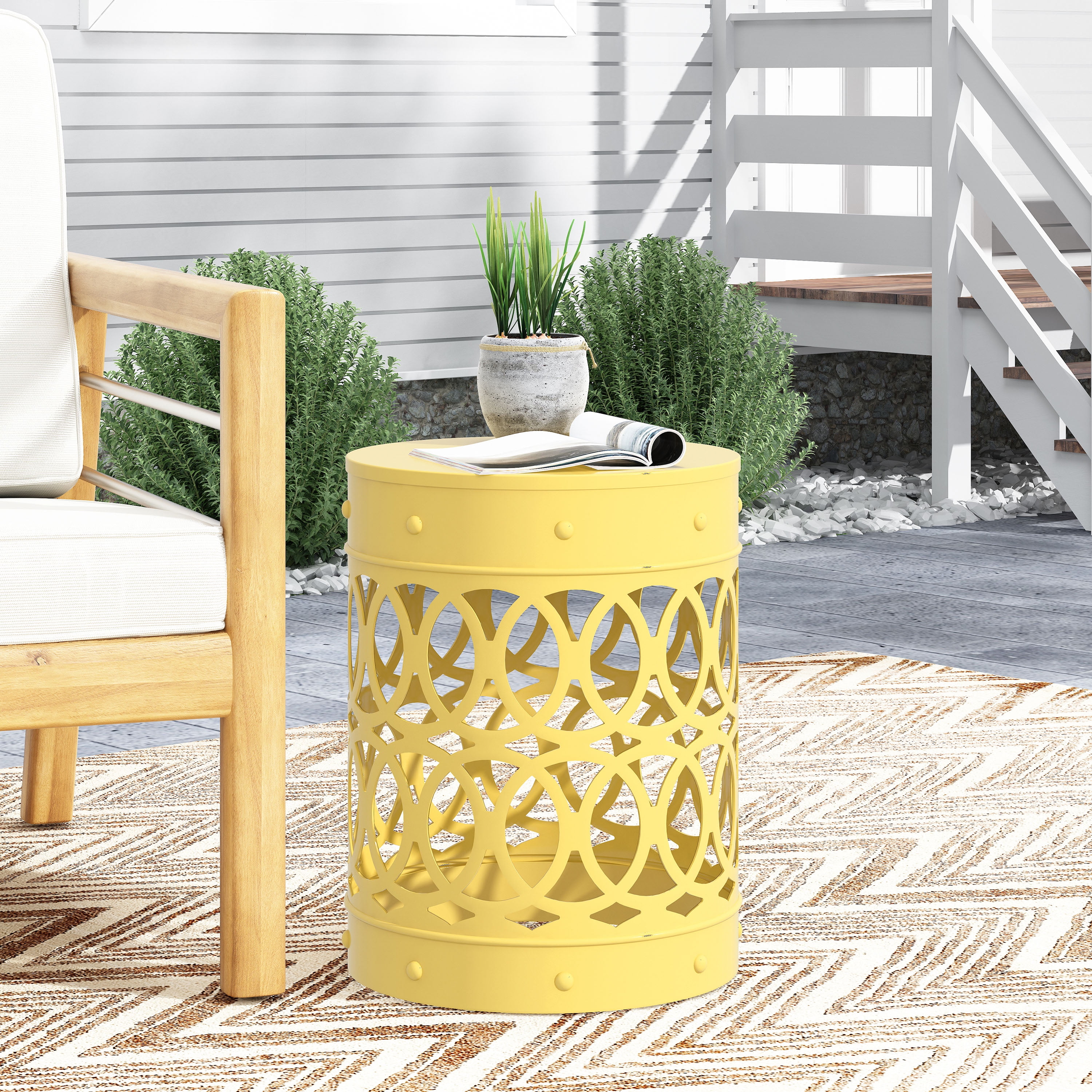 Mintazer Outdoor Metal Side Table, Modern Iron Cut PatioTable with Overlapping Circle Pattern, Yellow