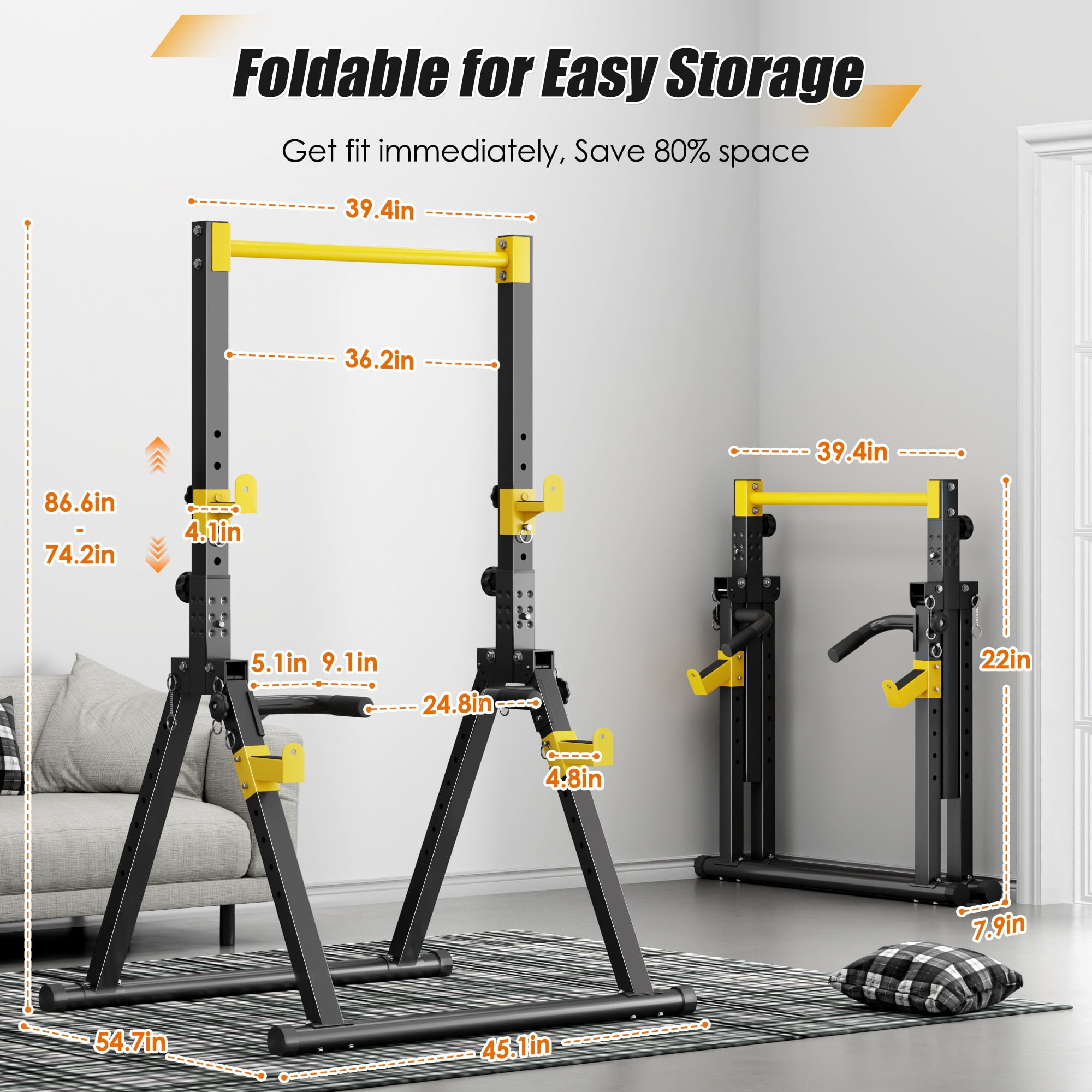 Free Standing Foldable Pull Up Bar, Triangular Power Tower Workout Dip Station for Home, Height Adjustable Pull Up Bar Stand Dip Bar Strength Training Workout Equipment, Support 500lbs,Black + Yellow