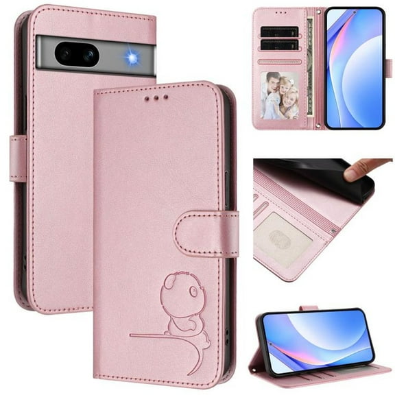 For Google Pixel 7a Litter Panda Embossing Leather Phone Case with RFID Blocking Card Slot Wallet Magnetic Clasp Lanyard Flip Stand Case,Pink,For Google Pixel 7a