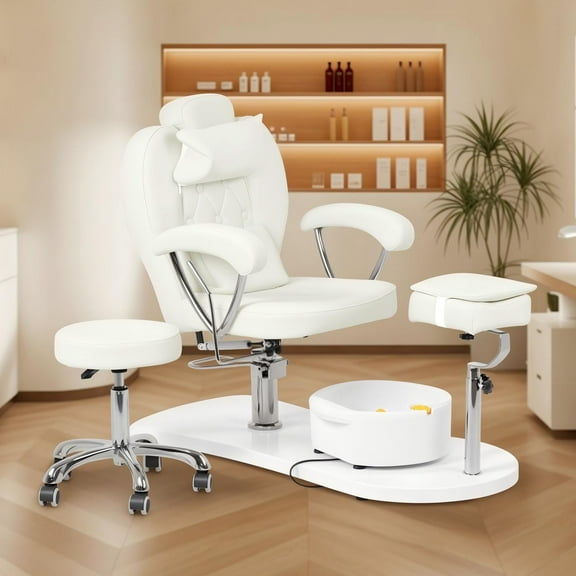 Advwin Pedicure Chair No Plumbing with Stool & Bubble Massage Foot Bath, 360°Swivel Hydraulic Pedicure Station Height Adjustable Massage Chair for Nail Tech, Salon, Spa, White