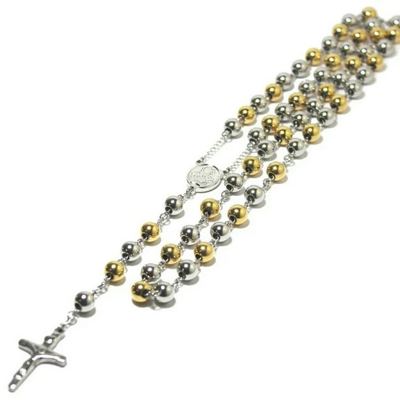 Men Chain Gold Silver Tone Bead Rosary Stainless Steel Cross Pendant Necklace