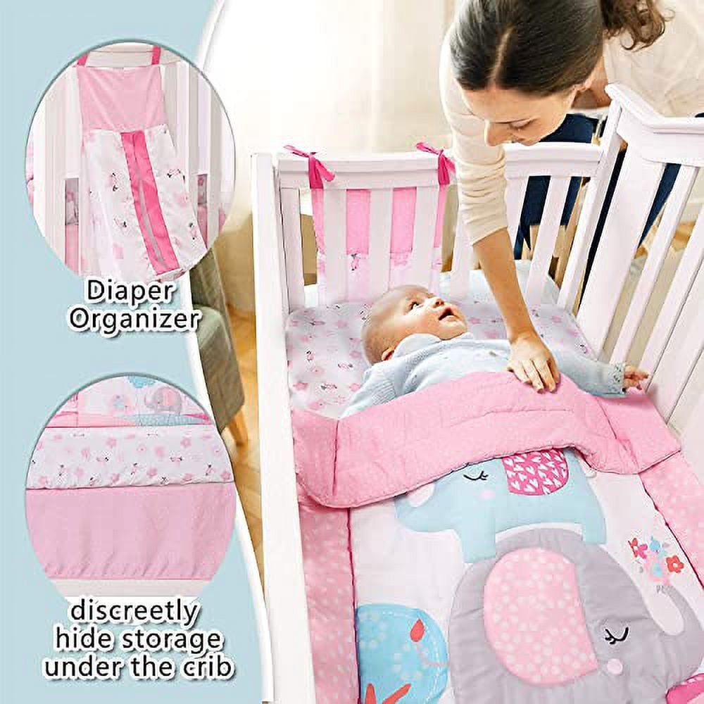 Sweet Baba 4 PC Elephant Crib Bedding Set with Comforter Fitted Sheet Crib Skirt Diaper Stacker Pink Nursery Cot Sets for Baby Girl