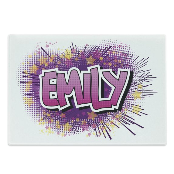 Emily Cutting Board, Hugely Popular Name in English with Pop Cartoon Elements Personal, Decorative Tempered Glass Cutting and Serving Board, Large Size, Pale Yellow Fuchsia, by Ambesonne
