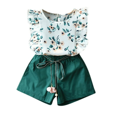 

OVTICZA Toddler Baby Girls T Shirts and Shorts Set Clothing Set Outfit Summer Short Sleeve Print with Green 110/11