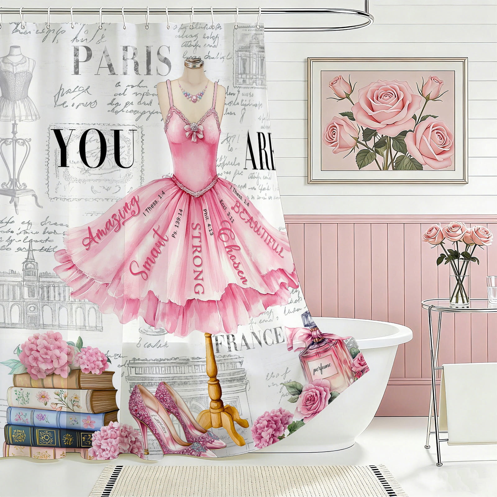 Pink Girly Dress Shower Curtain, Fashion Modern Ballet for Girls Women Bath Curtain, Eiffel Tower Paris Perfume High Heels Makeup Bathroom Decor Fabric Polyester Waterproof 12 Pack Hooks,70X85in