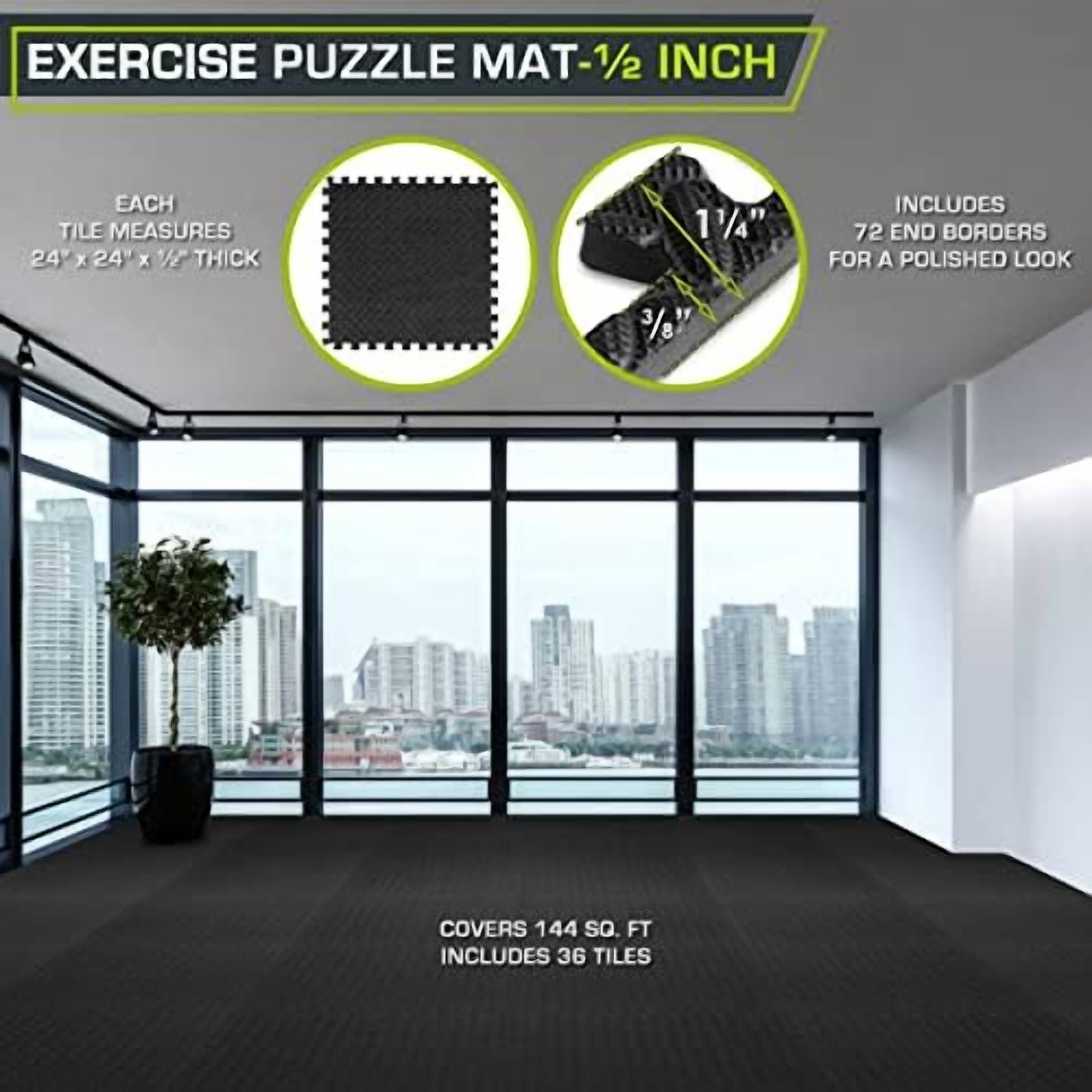 Puzzle Exercise Mat ½ in, EVA Interlocking Foam Floor Tiles for Home Gym, Mat for Home Workout Equipment, Floor Padding for Kids, Black, 24 in x 24 in x ½ in, 144 Sq Ft - 36 Tiles