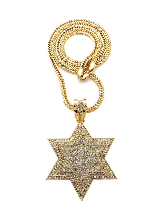 Gold-tone Crystals Piled Stars of David Charm Pendant Franco Chain Necklace 18''