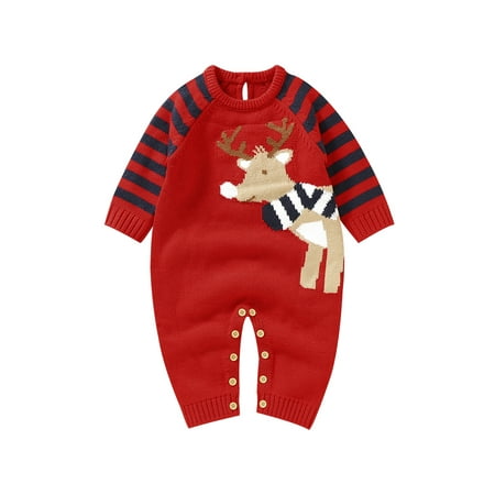 

Newborn Baby Boys Girls Christmas Knit Romper Stripped Long Sleeve Round Neck Deer Print Jumpsuit