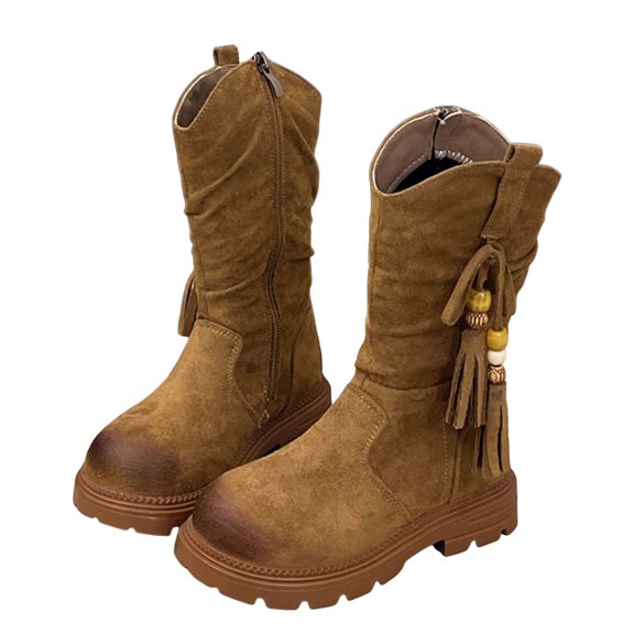 Girls Mid Calf Riding Boots Suede Round Toe Winter Casual Slouchy Beaded Fringe Lug Sole Chunky Heel Long Booties Khaki 9 Toddler
