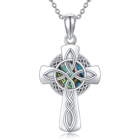 JEABZEL Sterling Silver Celtic Cross & Witches Knot Pendant Necklace for Women, Featuring Abalone Shell - Magical Celtic - themed Jewelry