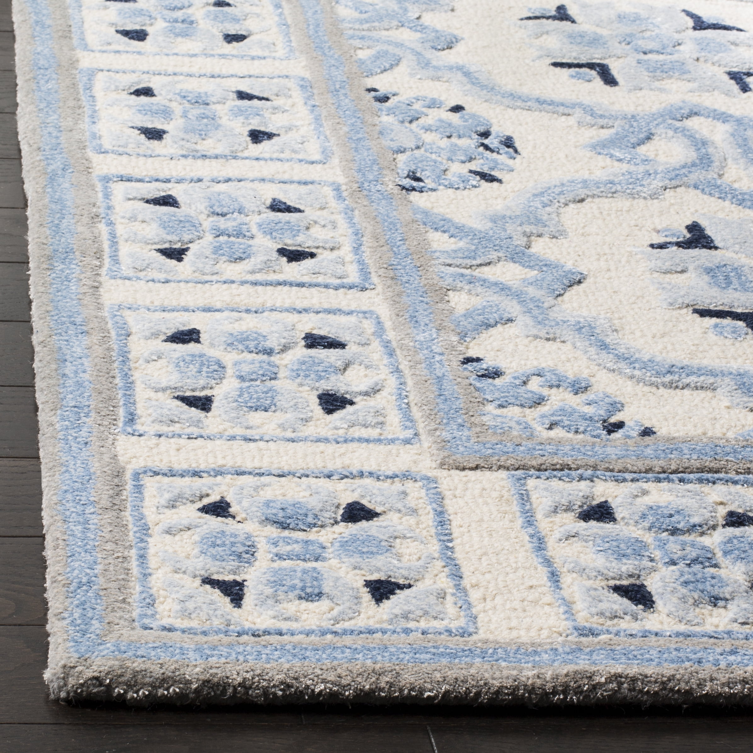 SAFAVIEH Bella Noelle Geometric Bordered Wool Area Rug, Ivory/Blue, 8' x 10'
