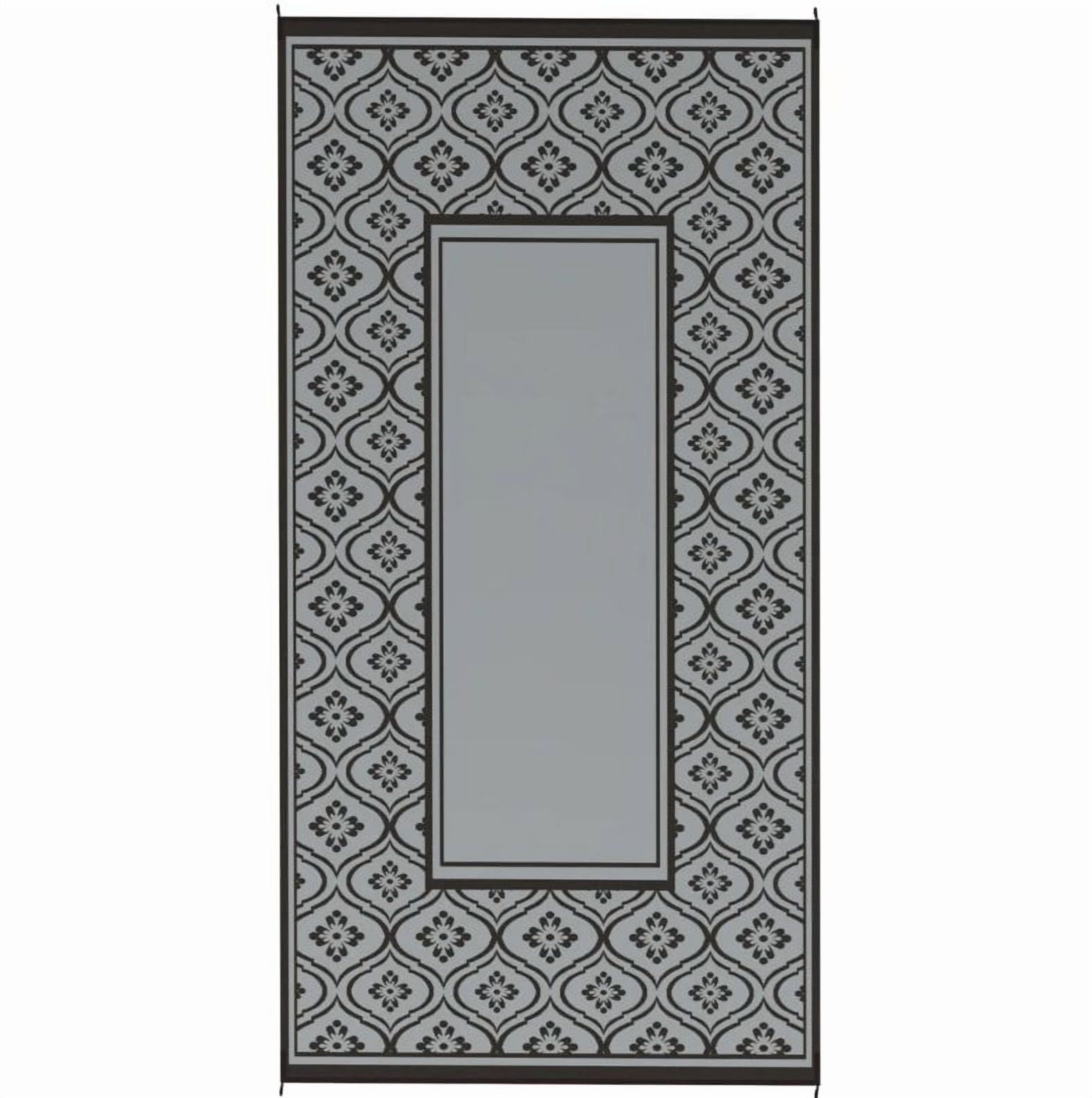 9' x 18' Black & Gray Gourd Border Reversible Outdoor Patio Rug, Waterproof Plastic Straw RV Camping Rug with Carry Bag, Foldable Fade Resistant Mat