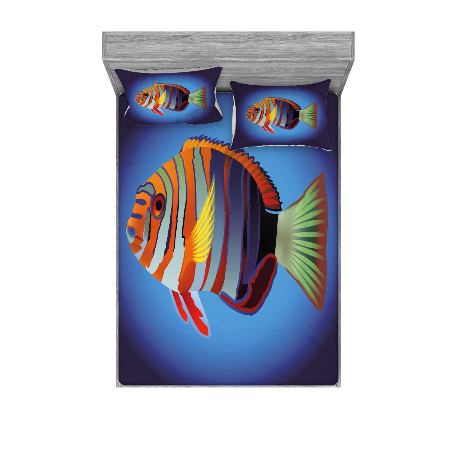 Marine Bedding Set with Sheet & Covers, Tropical Exotic Ocean Sea Fish with Colorful Fins and